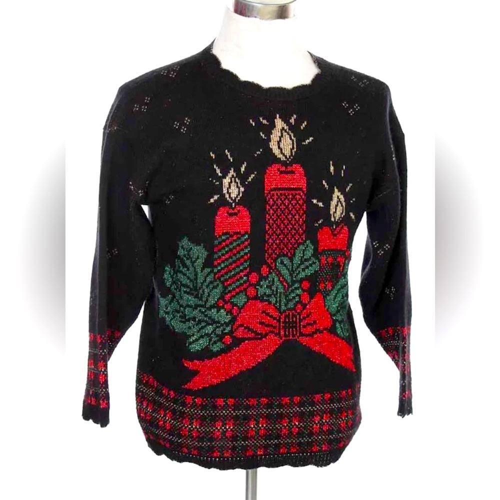 Vintage Holiday Time Black Ugly Christmas Glitter Candle Sweater size S